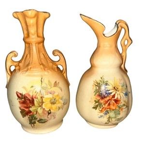 1950’s Austrian Hand Painted Floral Pitcher & Double Handle Vase Pottery Yellow